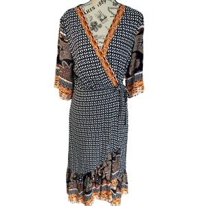 Suzanne Betro Womens L Navy Orange Mixed Print Wrap Midi Short High Hem Dress
